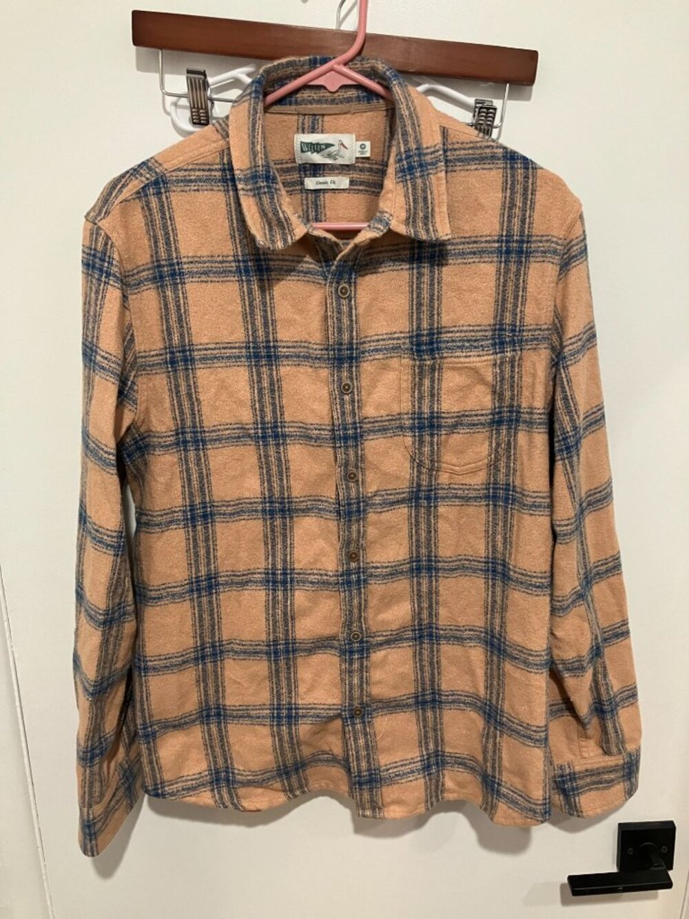 Wellen Men's Classic Fit Brushed Hazy Flannel Shirt, Coral/Blue, Size Medium